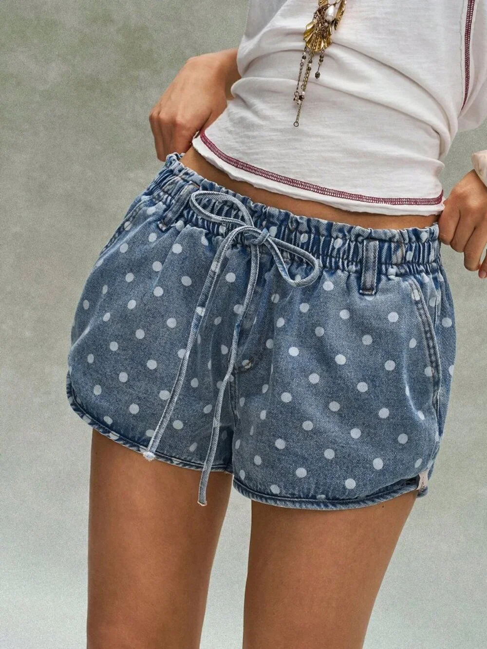Blue Casual Women's Beach Polka Dot Tie-Waist Shorts